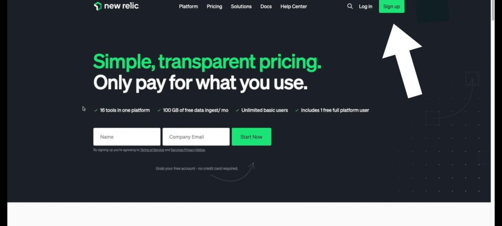 new relic sign up interface