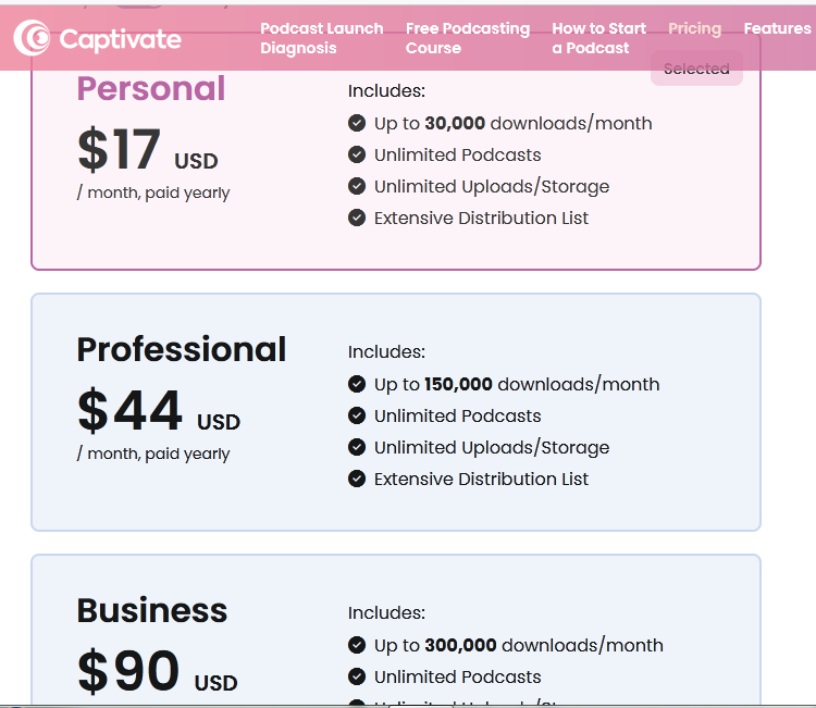 price plan of captivate of best podcast hosting platform 