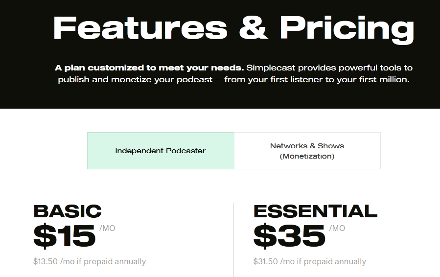 Simplecast price plan of best podcast hosting platform