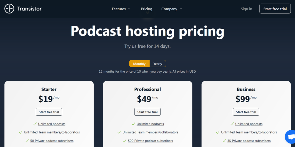 Transistor price plan of best podcast hosting platform 